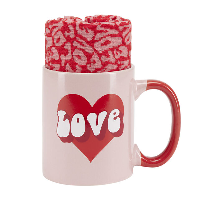 Coffret cadeau mug fa&iuml;ence LOVE et 1 paire de chaussettes assorties