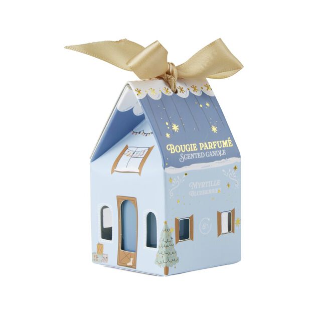 Bougie dans verre bo&icirc;te cadeau maisonnette H4,5cm (6 mod&egrave;les)