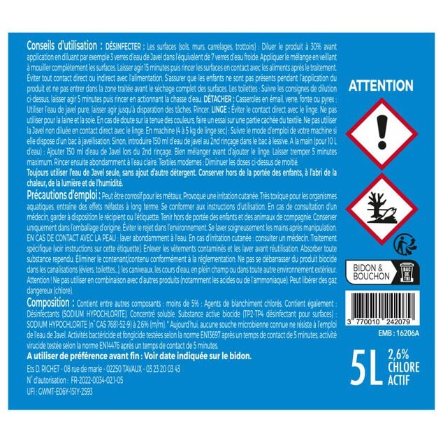 Bidon eau de javel  5L 2,6% chlore actif