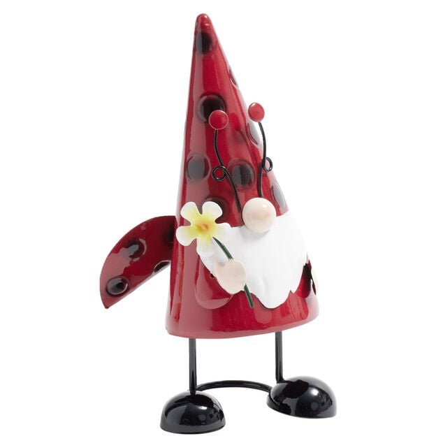 Nain de jardin gnome en m&eacute;tal &agrave; poser motif coccinelle 12x8xH21cm
