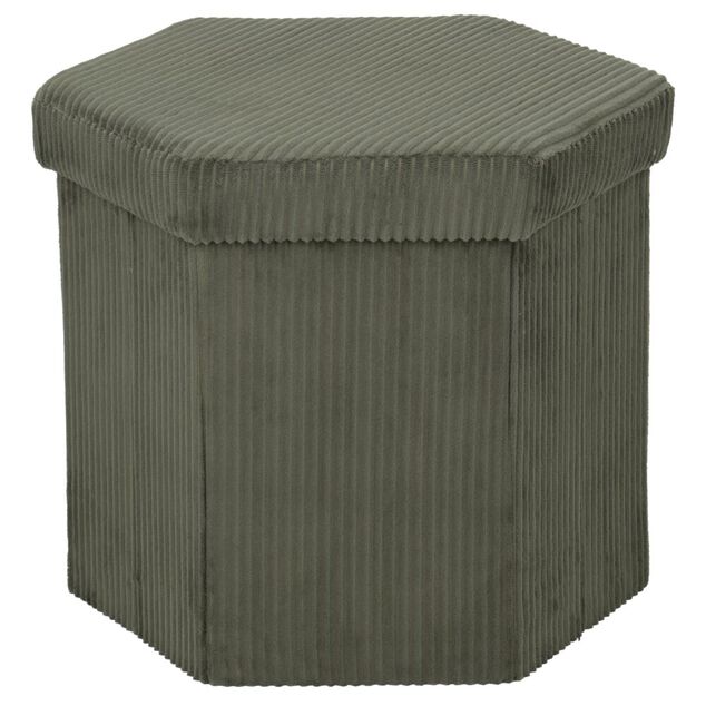 Pouf coffre Clara hexagonal velours c&ocirc;tel&eacute; vert kaki 44x39xH39cm