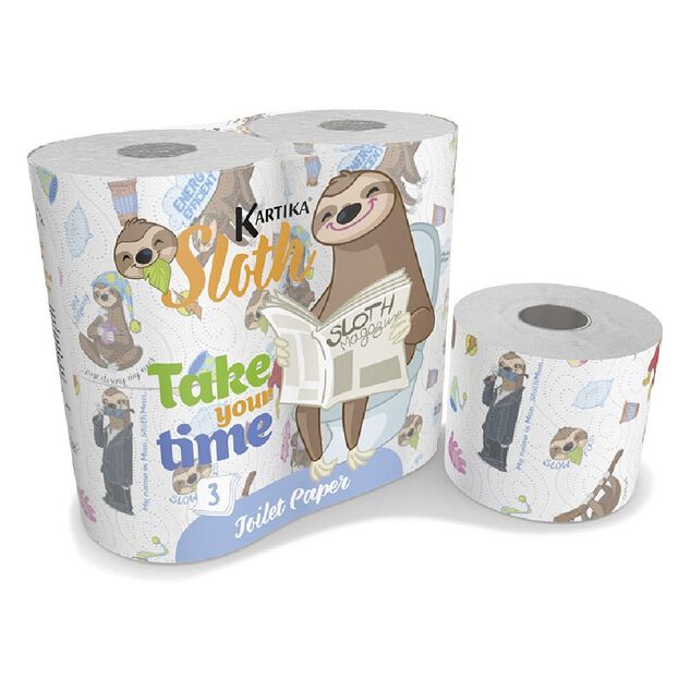 Lot de 4 rouleaux de papier toilette motif paresseux 200 feuilles &agrave; 3 plis