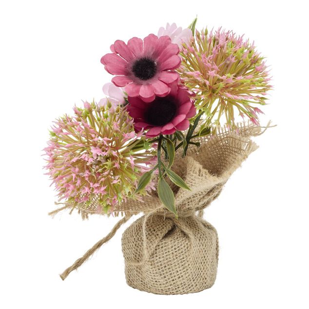 Fleur en pot jute gerberas rose et chardon &Oslash;15xH17cm