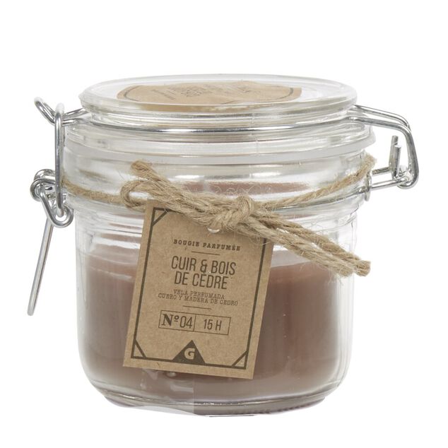 Bougie parfum&eacute;e dans pot en verre senteur Cuir Bois de c&egrave;dre