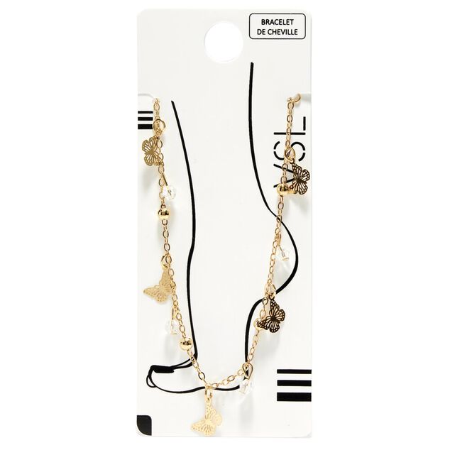 Chaîne de cheville dorée 2 rangs avec pendentifs perles et papillons