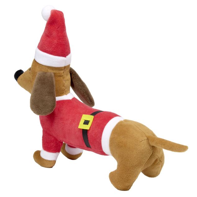 Jouet pour chien forme Teckel avec costume P&egrave;re No&euml;l L25X20XH7 cm rouge