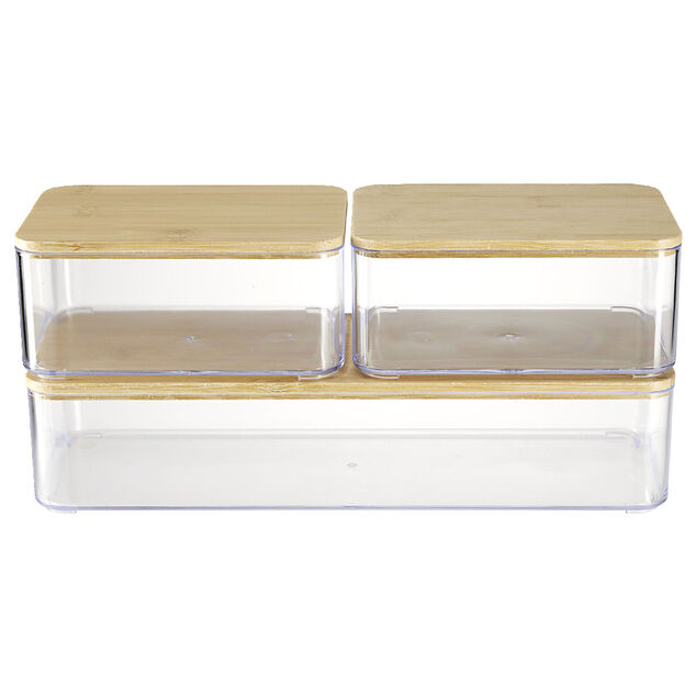 Boîte de rangement x3 plastique transparent couvercle bambou