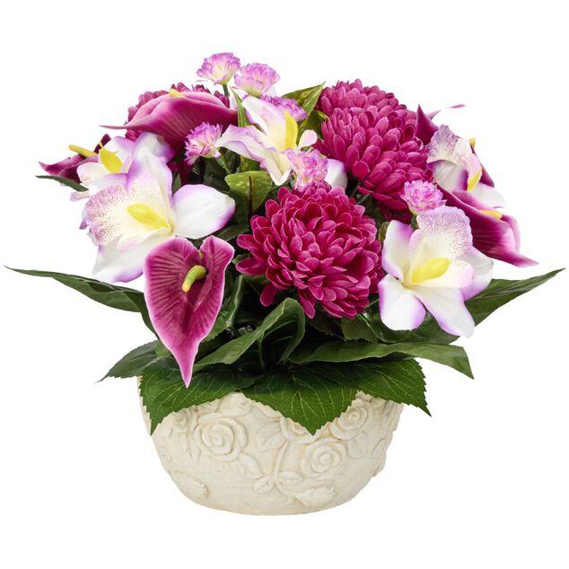 Vasque ciment chrysanth&egrave;mes arums orchid&eacute;es mini fleurs &Oslash;40xH30cm (3 mod&egrave;les)