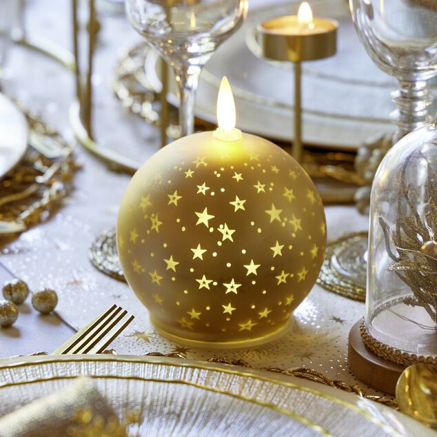Bougie lumineuse forme boule de No&euml;l en verre dor&eacute; &Oslash;10xH13cm