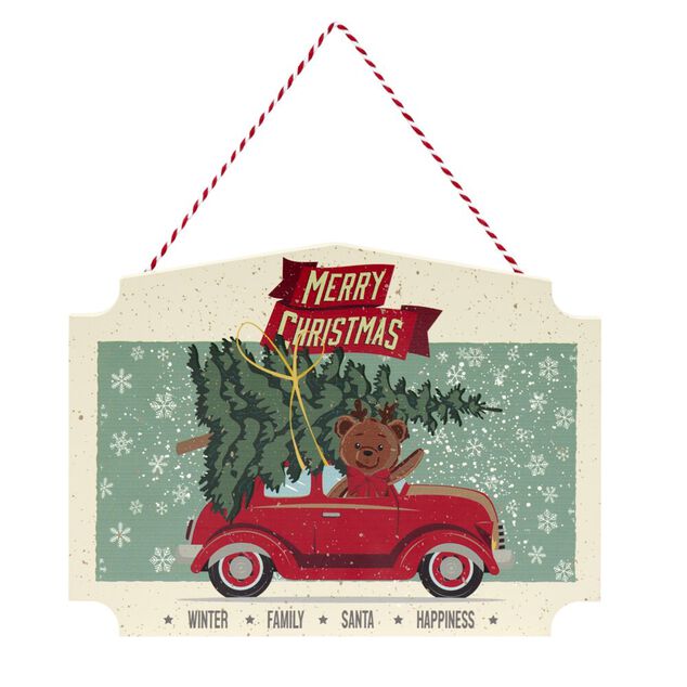 Pancarte de No&euml;l ourson vintage en bois 18x25cm