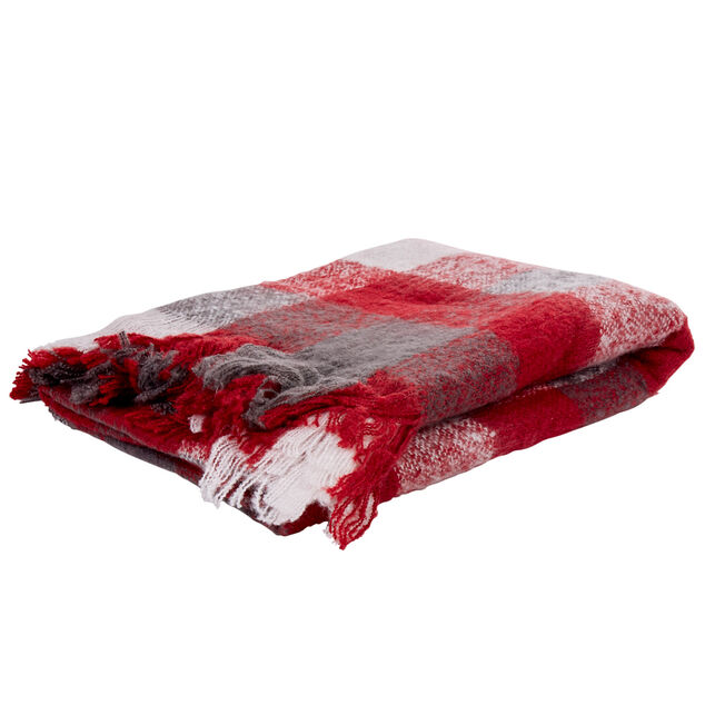 Plaid &agrave; carreaux imitation mohair rouge blanc gris