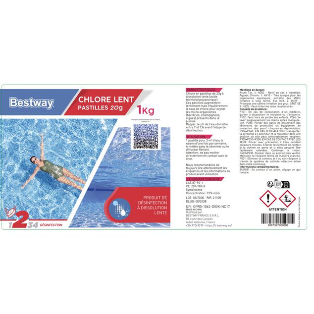 Chlore lent piscine 1kg pastille 20gr