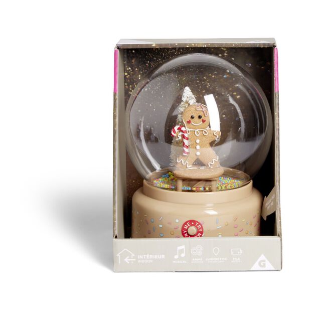 Boule &agrave; neige lumineuse anim&eacute;e musicale bonhomme pain d'&eacute;pices - 2 mod&egrave;les