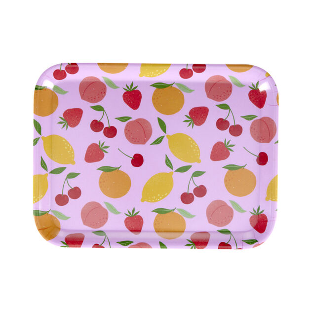 Plateau en mélaminé rose motifs fruits 29x22xH1,5cm