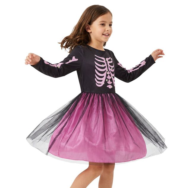 D&eacute;guisement Halloween enfant fille robe squelette polyester rose et noir 4/6ans