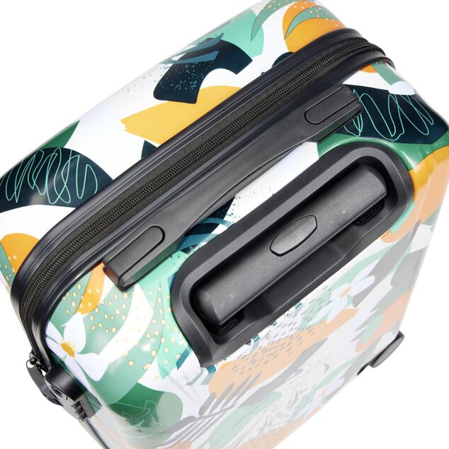 Valise cabine 64L trolley plastique ABS motif tropical avec cadenas 44x26xH67cm