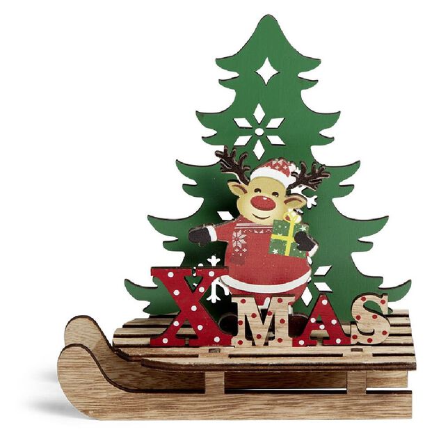 D&eacute;coration No&euml;l &agrave; poser en bois luge avec P&egrave;re No&euml;l ou renne H19cm