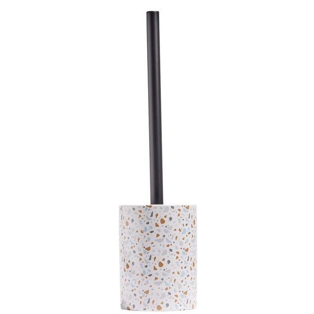 Brosse WC socle rond gr&egrave;s terrazzo blanc bleu marron &Oslash;9,2xH36cm