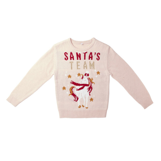 Pull de No&euml;l enfant Santa's Team licorne rose
