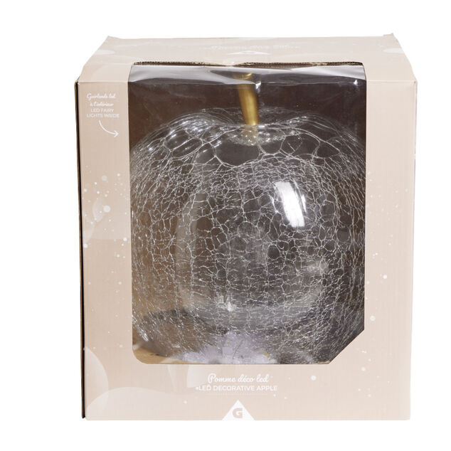 D&eacute;coration LED en verre pomme effet craquel&eacute; transparent &Oslash;7xH8cm
