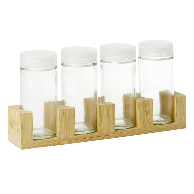 Pots &agrave; &eacute;pices en verre x4 avec support en bambou 20x4,5xH11cm