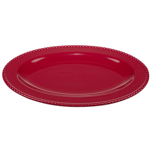Plat de service No&euml;l ovale c&eacute;ramique rouge 25x35cm