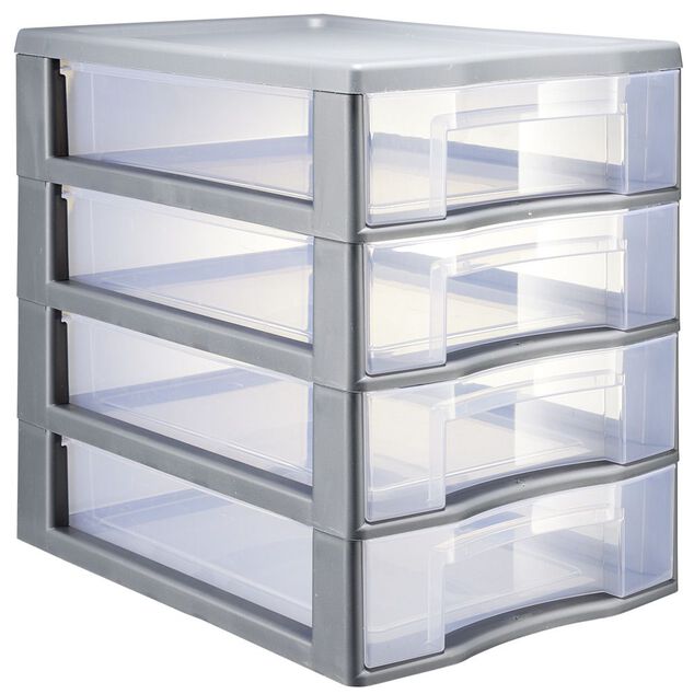 Tour de rangement 4 tiroirs format A4 transparent et gris