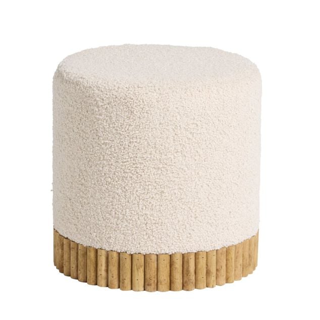 Pouf Noa bouclette &eacute;cru et bois &Oslash;32xH32cm