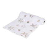 Chemin de table en tissu peluche blanc motifs flocons dorés 3m