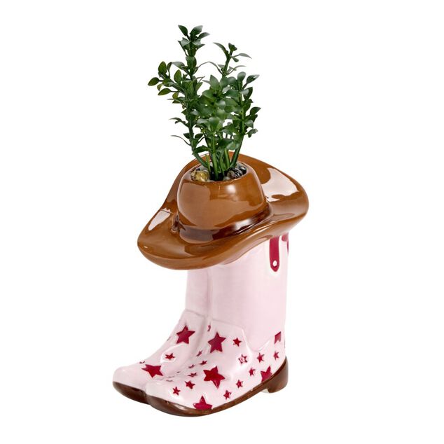 Plante verte artificielle dans pot c&eacute;ramique forme botte cowboy 9x6xH17cm