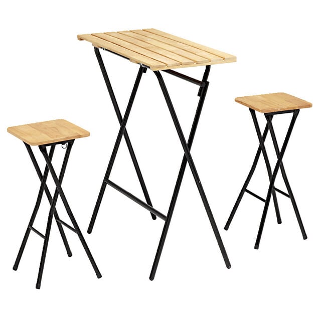 Table haute avec tabourets x2 Balcony pliables bois et m&eacute;tal 80x40xH98cm