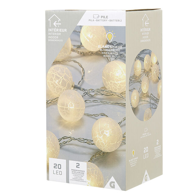 Guirlande lumineuse de No&euml;l boule effet craquel&eacute; blanc 20 led