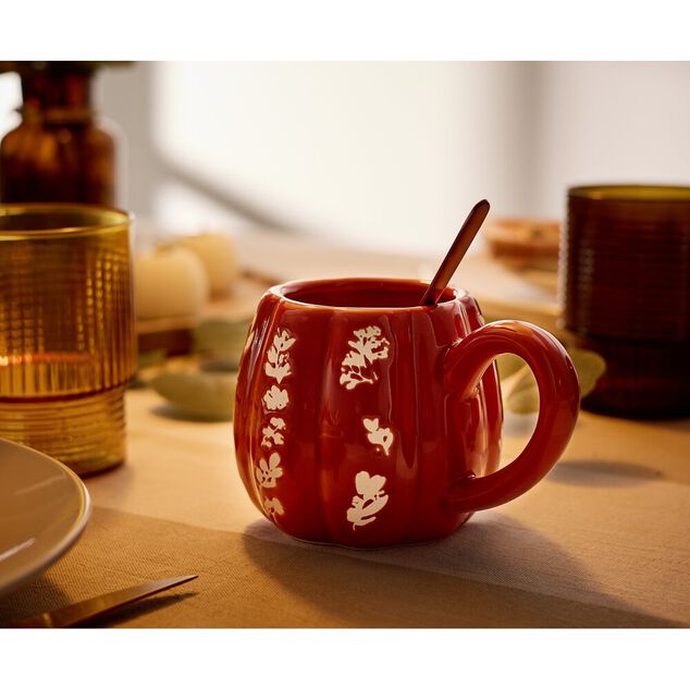 Mug automne c&eacute;ramique motif floral blanc 13x9xH8cm (2 mod&egrave;les vert ou rouge)