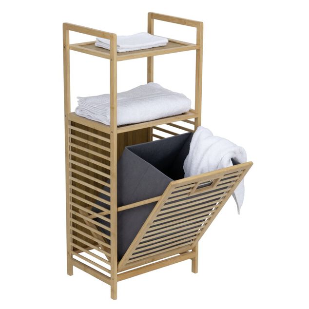 &Eacute;tag&egrave;re 2 niveaux en bambou avec panier &agrave; linge 28L int&eacute;gr&eacute; 40x30xH95cm