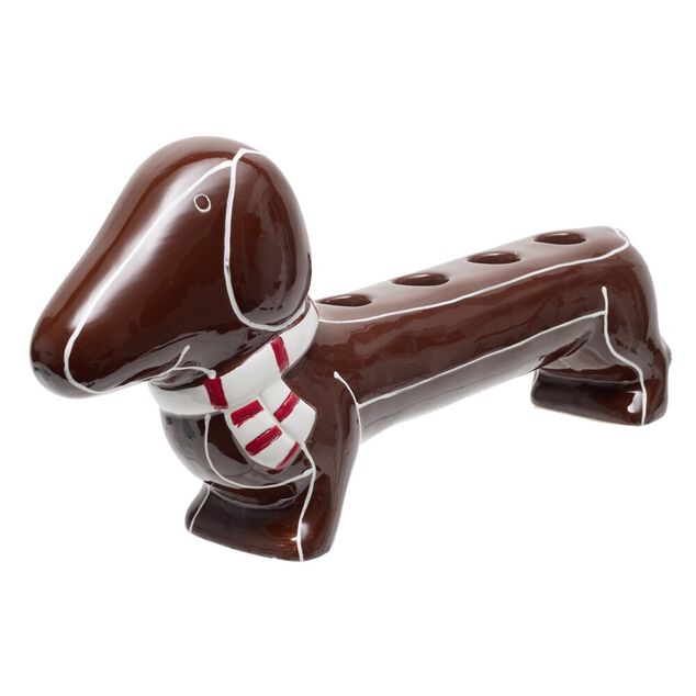 Bougeoir 4 bougies forme teckel avec &eacute;charpe c&eacute;ramique L35X6XH16 cm marron