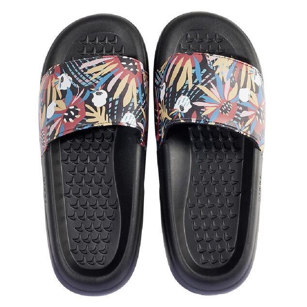 Sandales claquettes plastique noir motif feuillage multicolore 38/39