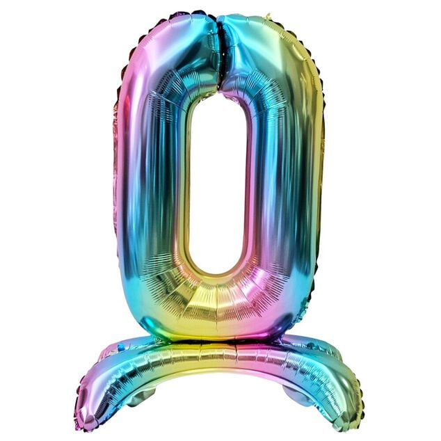 Ballon chiffre 0 avec support aluminium arc-en-ciel 51xH81cm