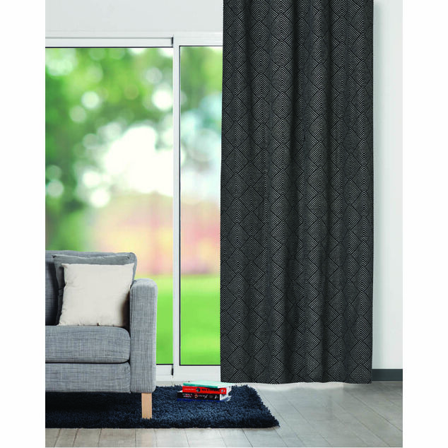 Rideau &agrave; oeillets jacquard motif g&eacute;om&eacute;trique noir et blanc