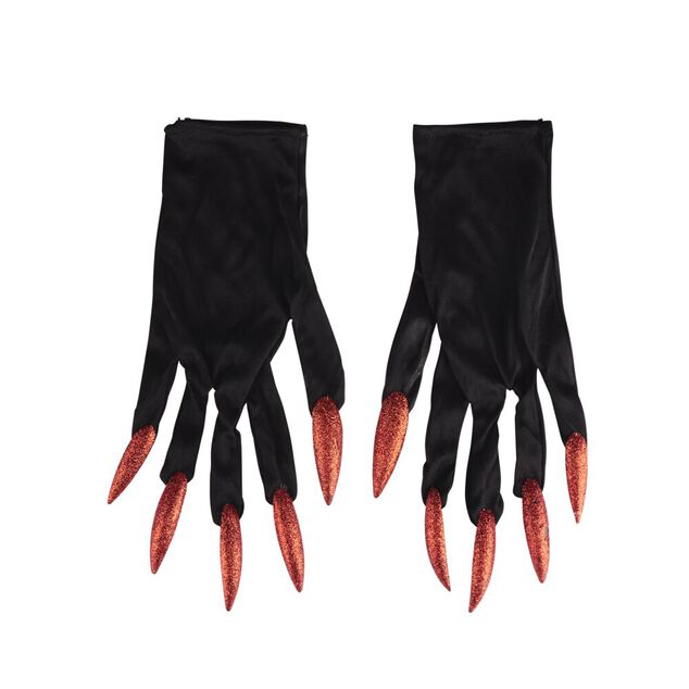 Gants Halloween adulte diablesse noirs ongles rouges paillet&eacute;s