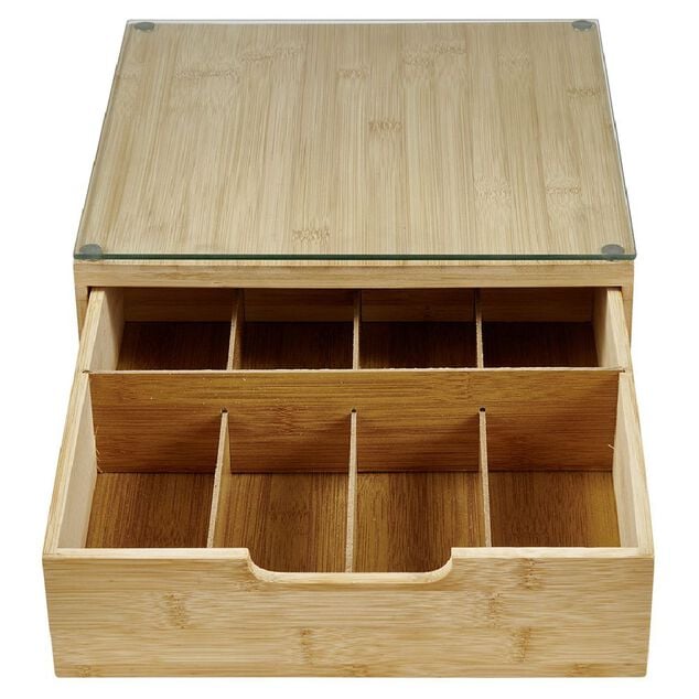Boîte tiroir à dosettes en bambou et verre
