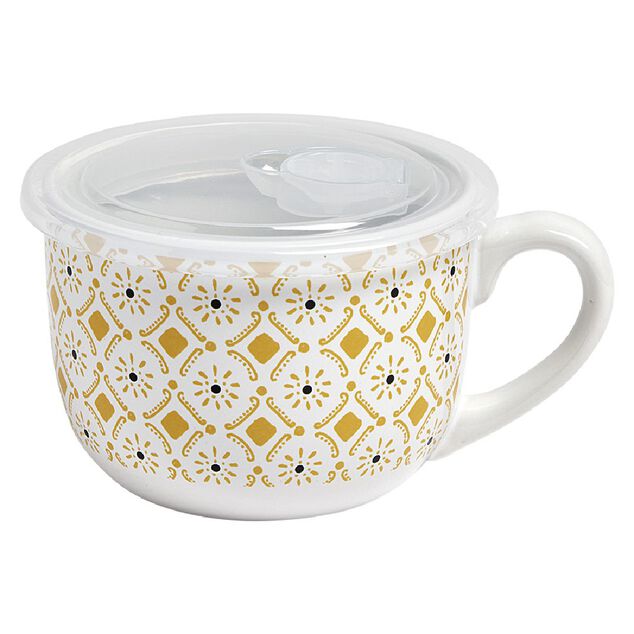 Bol jumbo couvercle transparent motif ethnique blanc et jaune &Oslash;12.5xH9cm