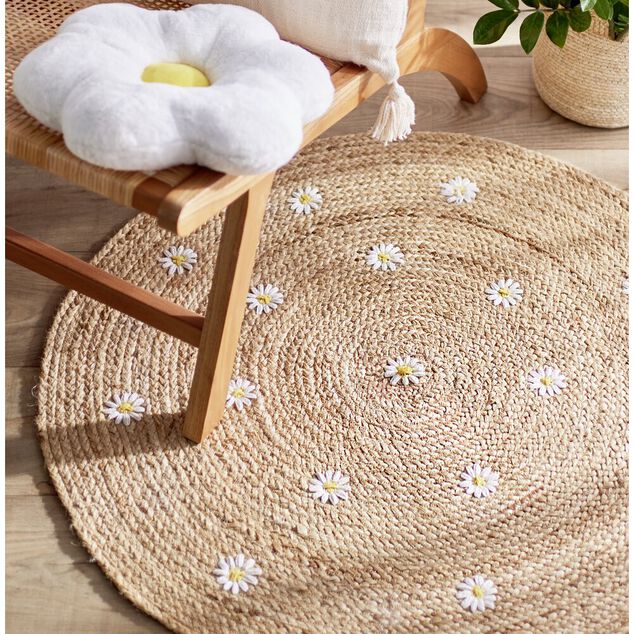 Tapis en jute &Oslash;90cm motif marguerites