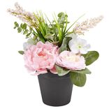Composition florale artificielle pot pivoine/hortensia blanc et rose H26cm