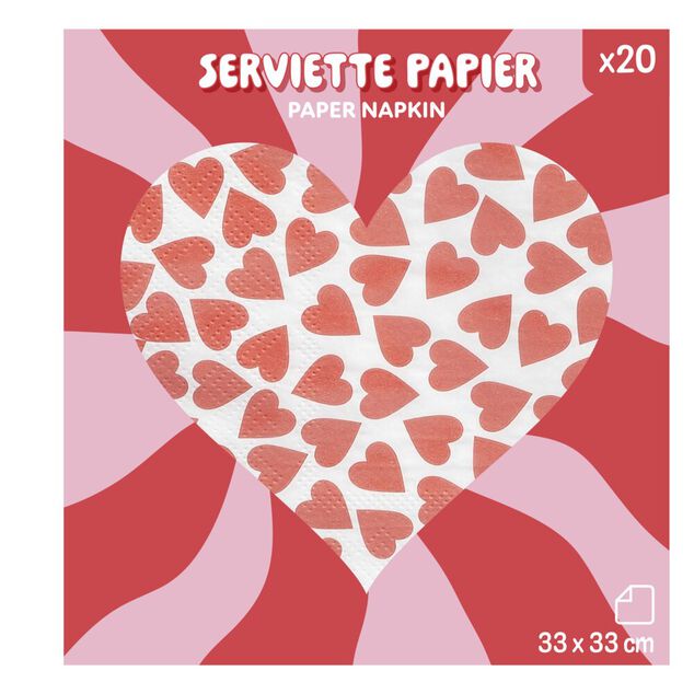 Serviette papier carr&eacute;e motifs coeurs rouges 33x33cm