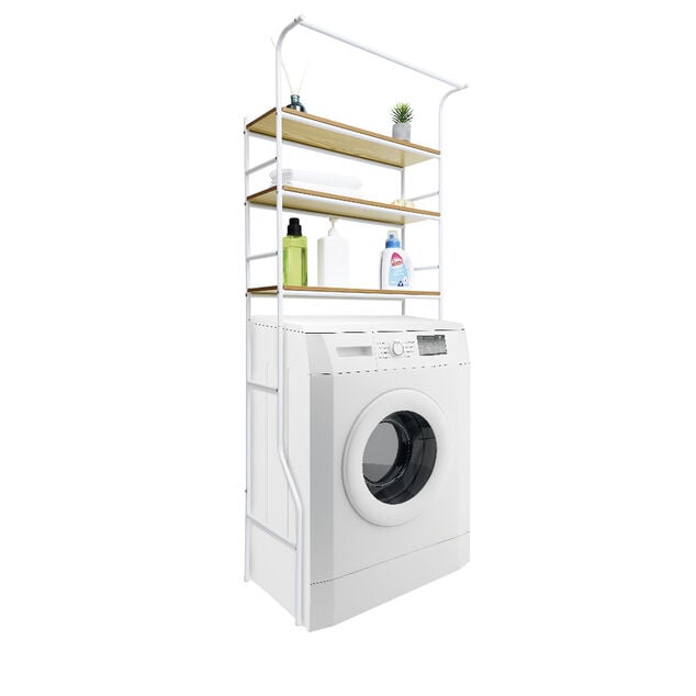 Meuble buanderie m&eacute;tal bois blanc et naturel 3 niveaux