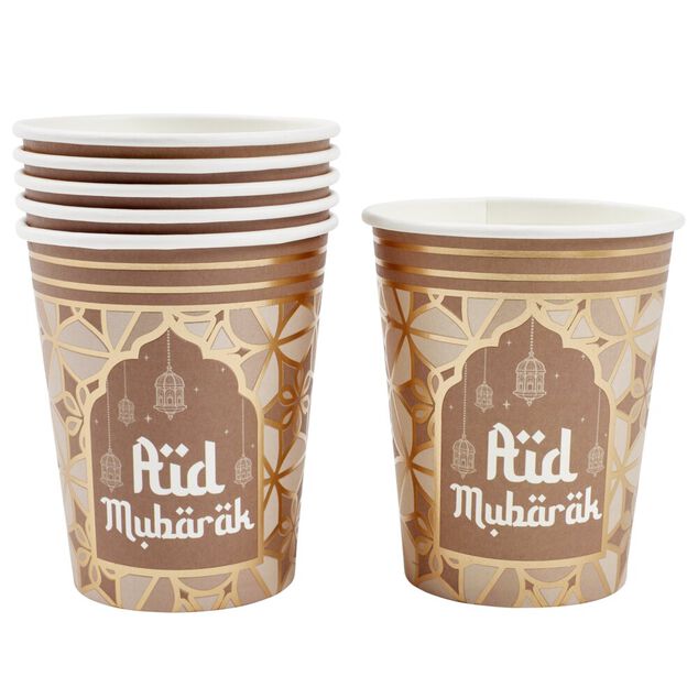 Gobelet carton x6 New Mirage inscription A&iuml;d Mub&auml;r&auml;k &Oslash;5xH9cm