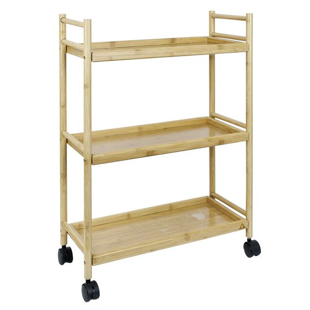 Desserte 3 niveaux &agrave; roulettes bambou et MDF 51,5x22,5xH71cm