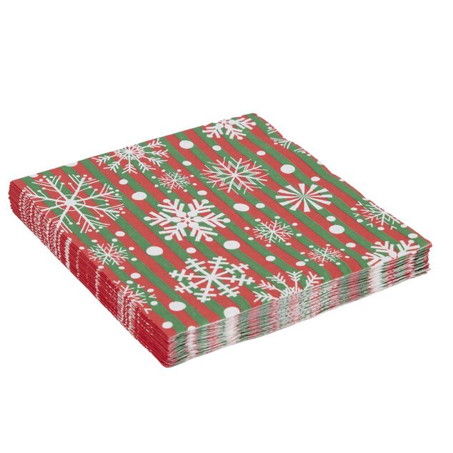 Serviette en papier 4 plis X20 pcs imprim&eacute; flocon de neige fond ray&eacute; d&eacute;cor&eacute; 33X33 cm rouge et vert