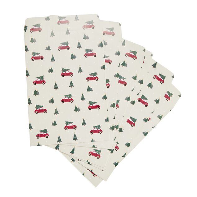 Pochette cadeau Noël x6 fantasia motif voiture avec sapin 20x28cm
