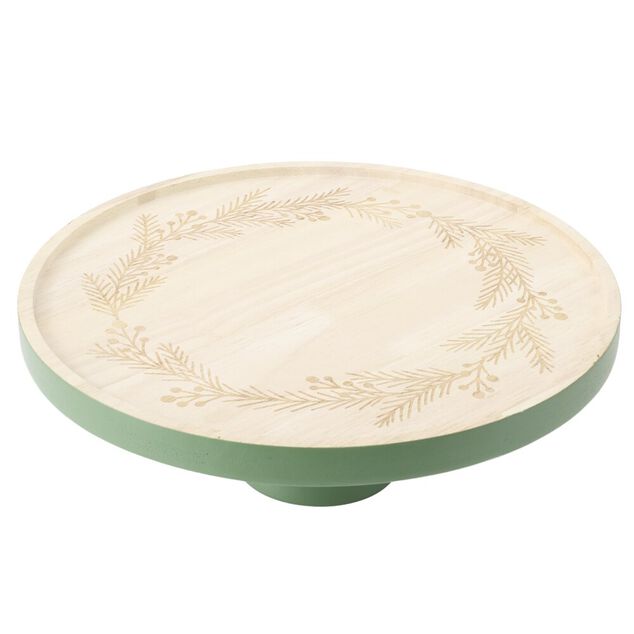 Plateau de pr&eacute;sentation en bois grav&eacute; couronne de No&euml;l &Oslash;28XH10 cm vert et naturel
